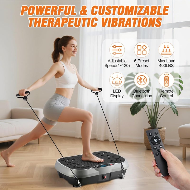 ALSO GO Vibration Plate Exercise Machine, 6 Workout Modes & 120-Level Vibration Platform for Weight Loss/Lymphatic Drainage, 400lbs Capacity Vibration Board with Resistance Bands for Full Body Workout - Image 3
